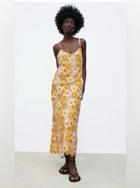 Zara Floral Sz Medium Midi Slip Dress, Multi Color Crochet Flowers